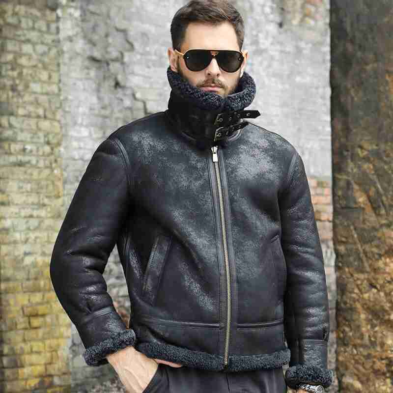 Men Shearling Sheepskin B3 Bomber Retro Aviator Flight Leather Jacket