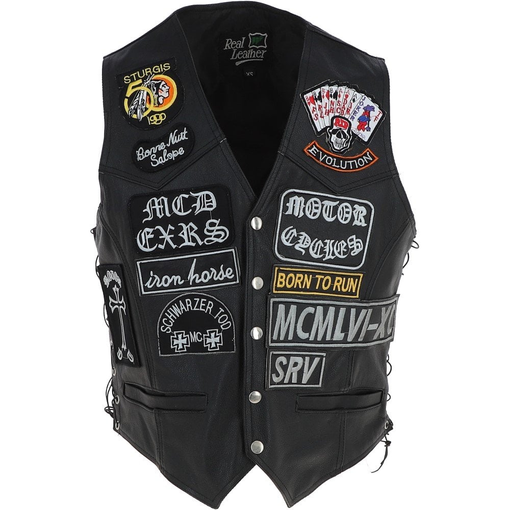 Genuine Black Leather Vest with 42 Patches - Extra Large