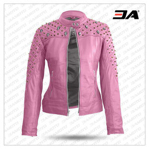 Women Pink Quilted Gold Studded Skeletons Genuine Leather Jacket