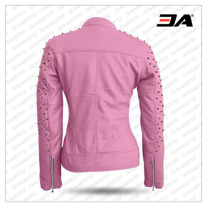 Women Pink Quilted Gold Studded Skeletons Genuine Leather Jacket