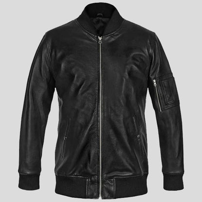 Ma-1 Leather Bomber Jacket Black