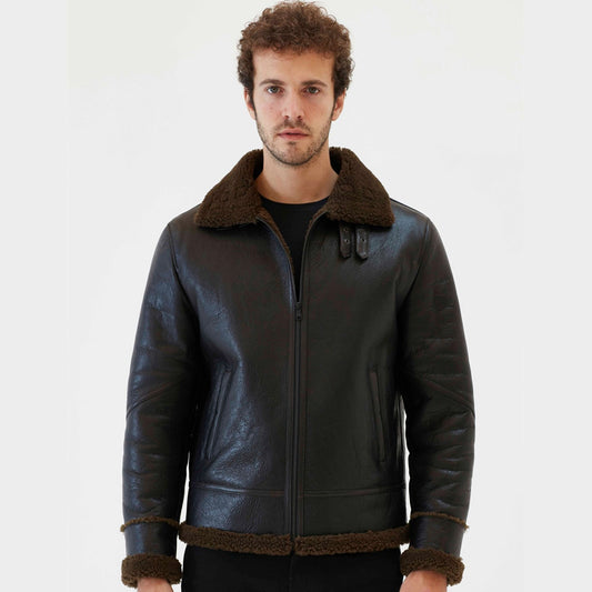 men aviator brown shearling jacket - Fashion Leather Jackets USA - 3AMOTO