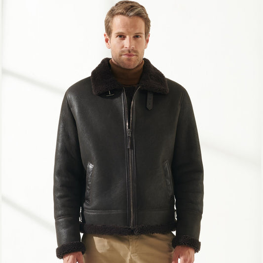 Men Aviator Brown Shearling Leather Jacket - 3amoto shop