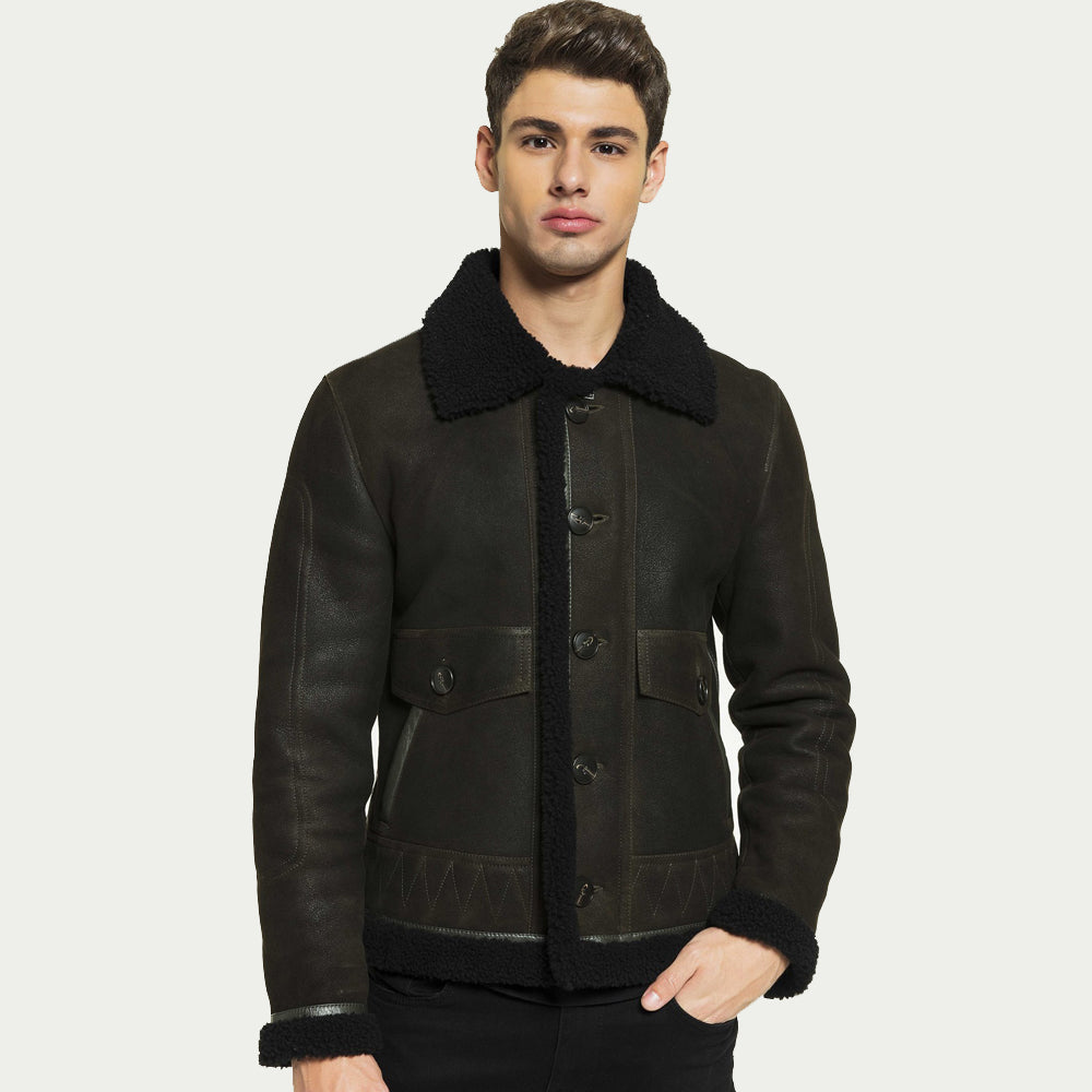 men aviator dark green shearling jacket