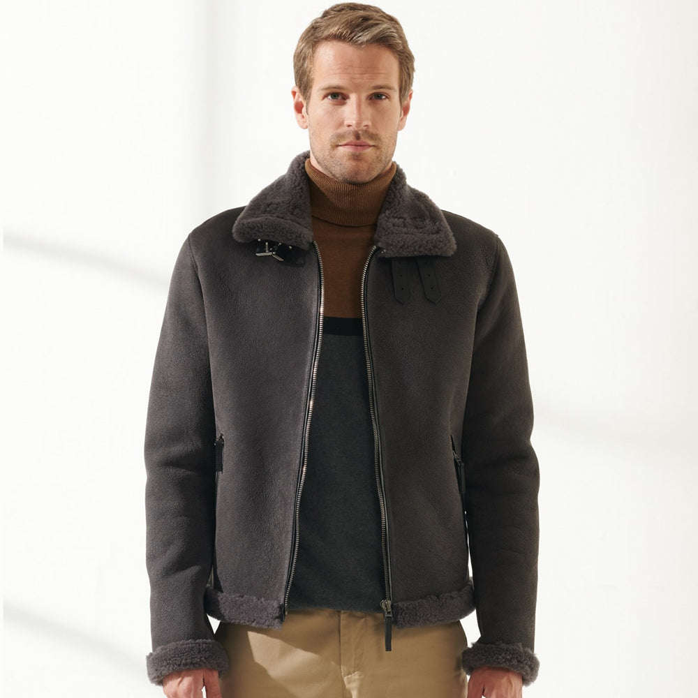 Men Aviator Grey Shearling Jacket