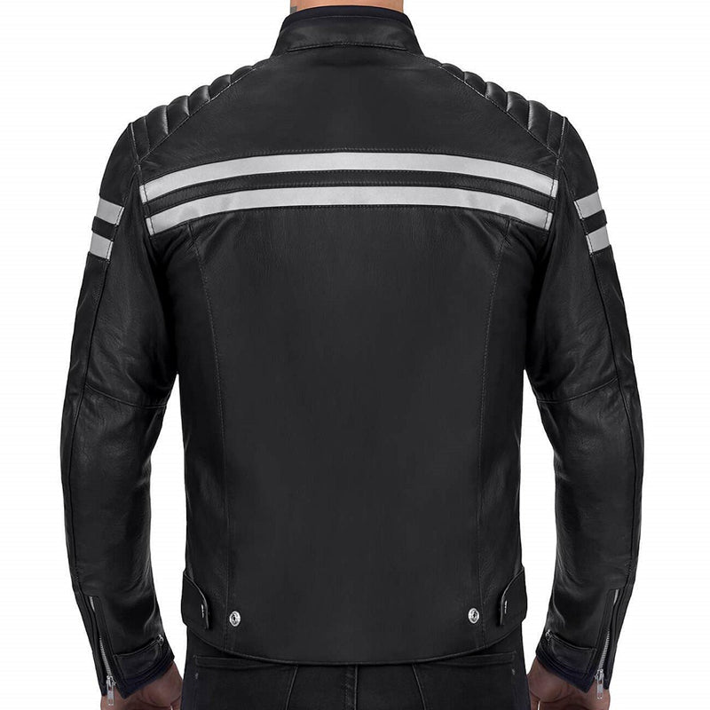 men black jacket with white strips back