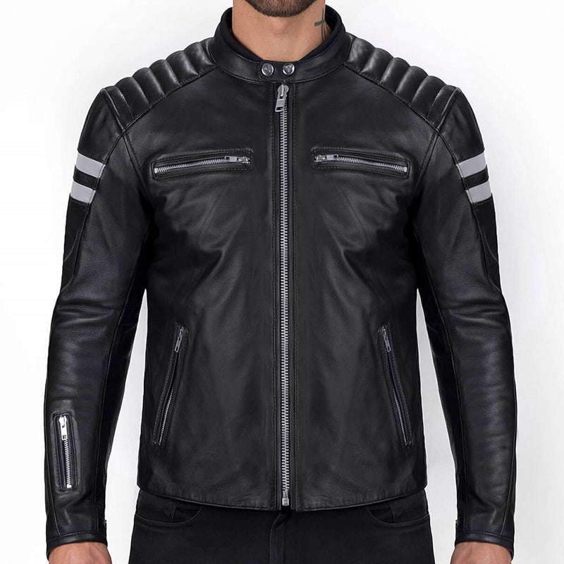 men black jacket with white strips