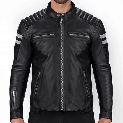 men black jacket with white strips