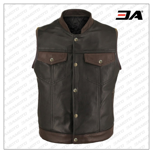 Men Two Tone Leather Vest - Fashion Leather Jackets USA - 3AMOTO