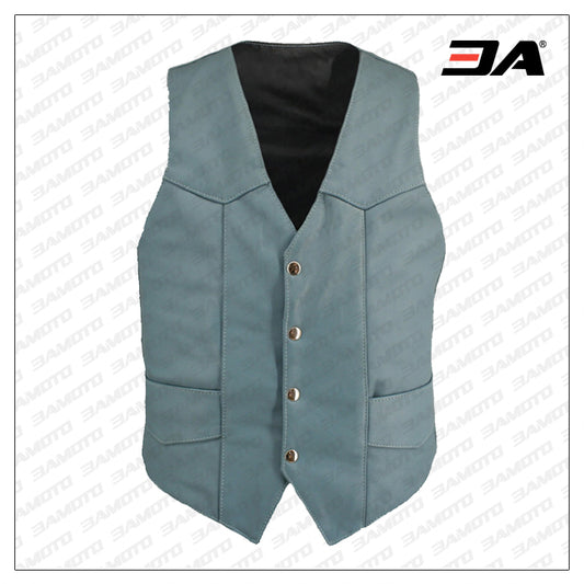 Men Baby Blue Leather Vest - 3amoto shop