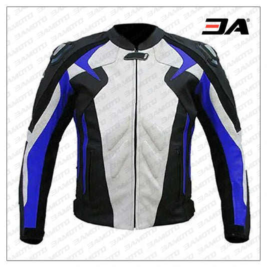 Men Blue White And Black Motorcycle Leather Jacket - 3amoto shop