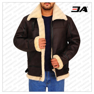 men brown b3 bomber shearling leather jacket
