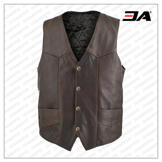 Men Brown Classic Biker Vest - Fashion Leather Jackets USA - 3AMOTO