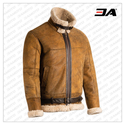 men brown distressed shearling jacket