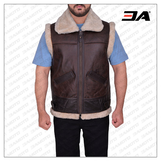 Men Stylish Sheepskin Brown Leather Vest - Fashion Leather Jackets USA - 3AMOTO