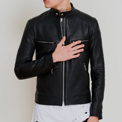 men dashing pitch black leather jacket front