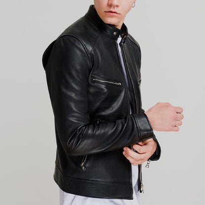 men dashing pitch black leather jacket open