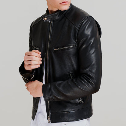 men dashing pitch black leather jacket side