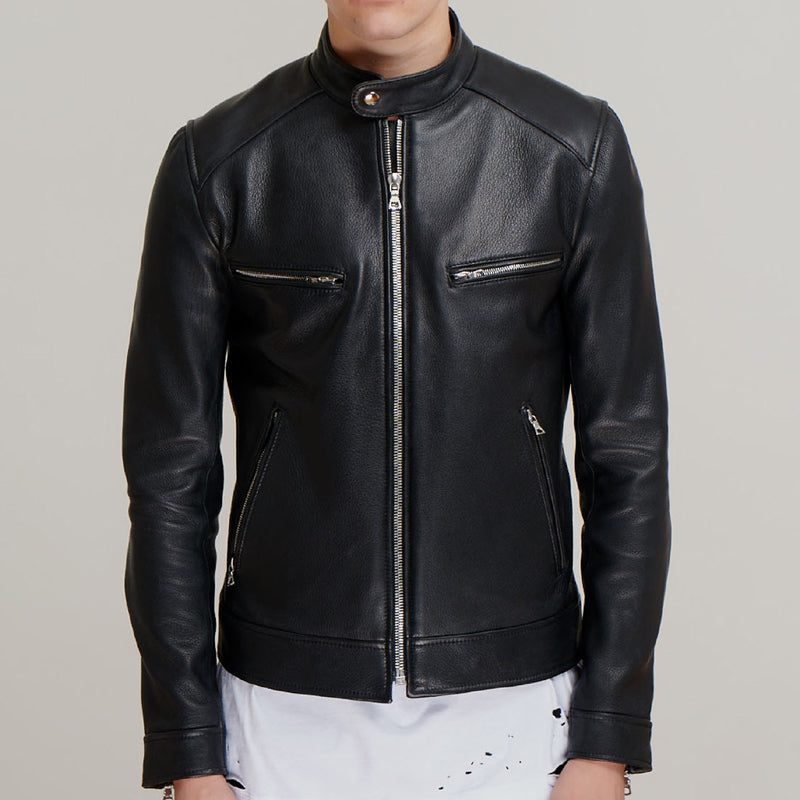 men dashing pitch black leather jacket