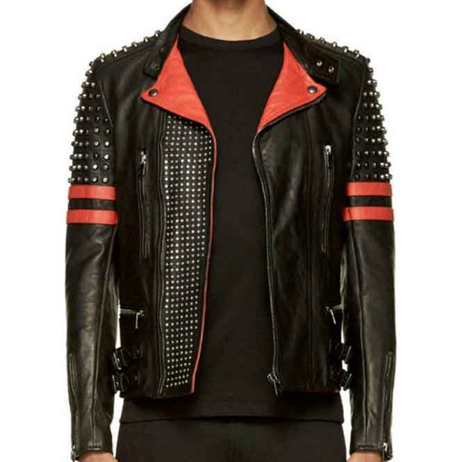 Mens Designer Black And Red Studded Rider Leather Jacket