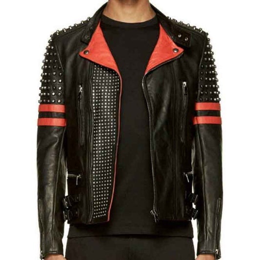 Mens Designer Black And Red Studded Rider Leather Jacket - Fashion Leather Jackets USA - 3AMOTO