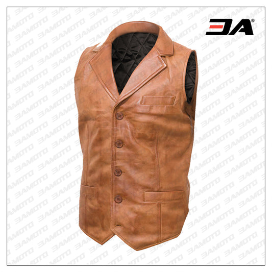 Men Tan Brown Leather Vest - 3amoto shop