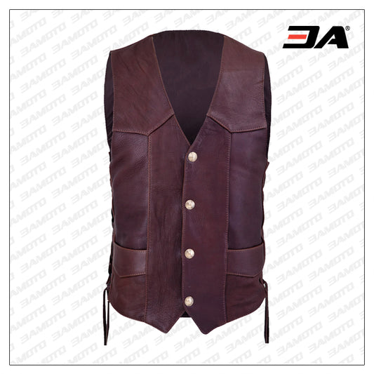 Men Classic Red Wine Leather Vest - 3amoto shop