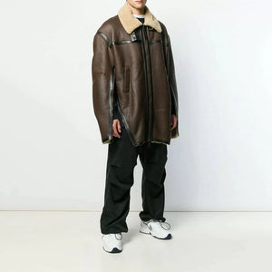 mens aviator brown shearling leather coat side