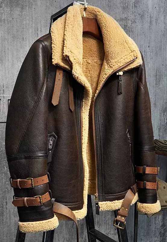 mens aviator dark brown leather shearling jacket