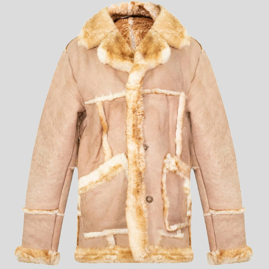 Mens Beige Vintage Sheepskin Overcoat - Fashion Leather Jackets USA - 3AMOTO