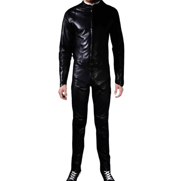 Mens Biker style real sheepskin black motorcycle leather jumpsuit