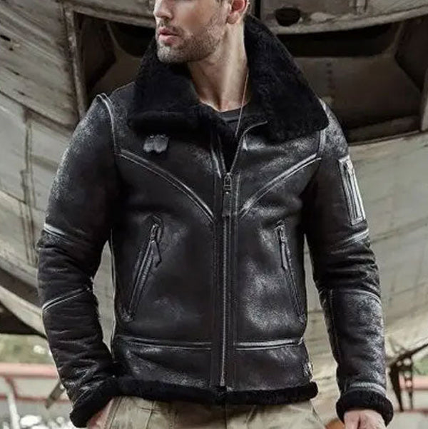 Mens Black Leather Aviator Style Bomber Shearling Jacket - USA Jacket