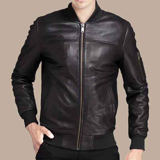 Mens Biker Black Bomber Jacket - Fashion Leather Jackets USA - 3AMOTO