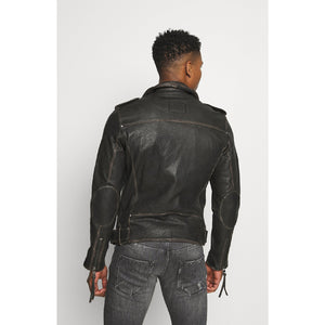 mens black distressed leather biker jacket back