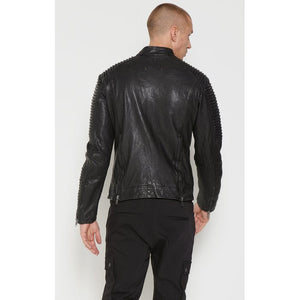 mens black distressed leather moto biker jacket back