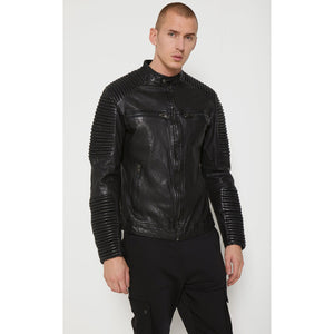 mens black distressed leather moto biker jacket