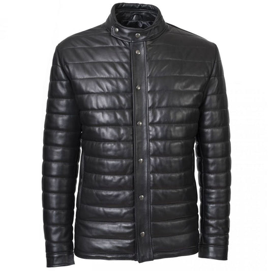 Mens Black Genuine Leather Winter Puffer Jacket - Fashion Leather Jackets USA - 3AMOTO