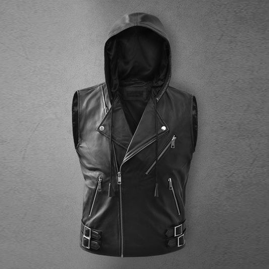 mens black leather biker hooded vest - Fashion Leather Jackets USA - 3AMOTO