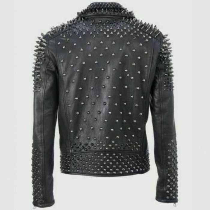 Mens Black Leather Biker Punk Jacket Back