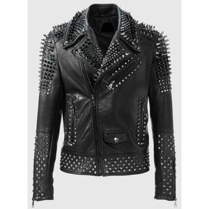 Mens Black Leather Biker Punk Jacket