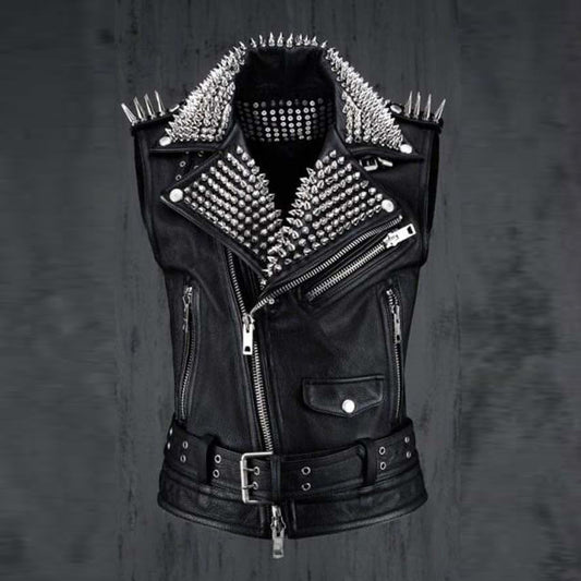 mens black leather biker punk vest - Fashion Leather Jackets USA - 3AMOTO