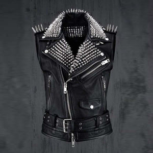 mens black leather biker punk vest