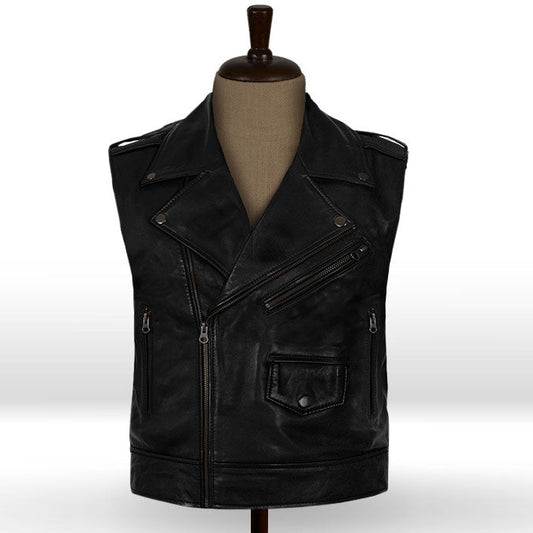 mens black leather biker vest with gun pockets - Fashion Leather Jackets USA - 3AMOTO