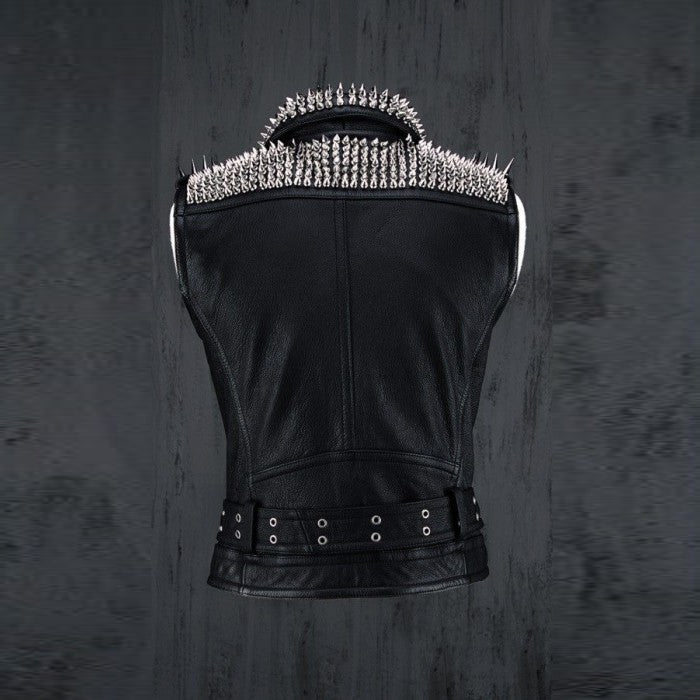 mens black leather biker vest