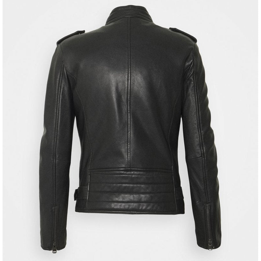 Mens Black Leather Black Zippers Biker Jacket Back