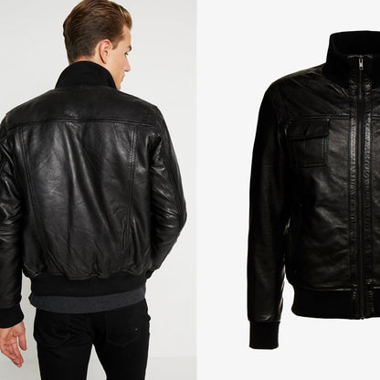 mens black leather bomber jacket back