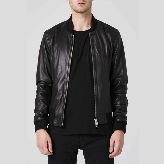 mens black leather bomber jacket double zipper - Fashion Leather Jackets USA - 3AMOTO