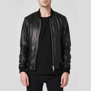 mens black leather bomber jacket double zipper