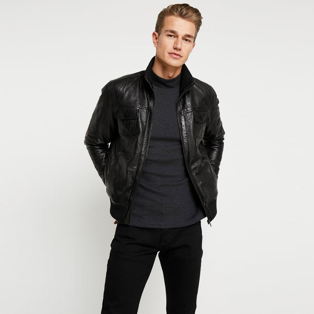 Men’s Black Leather Bomber Jacket, sleek and versatile design for men.