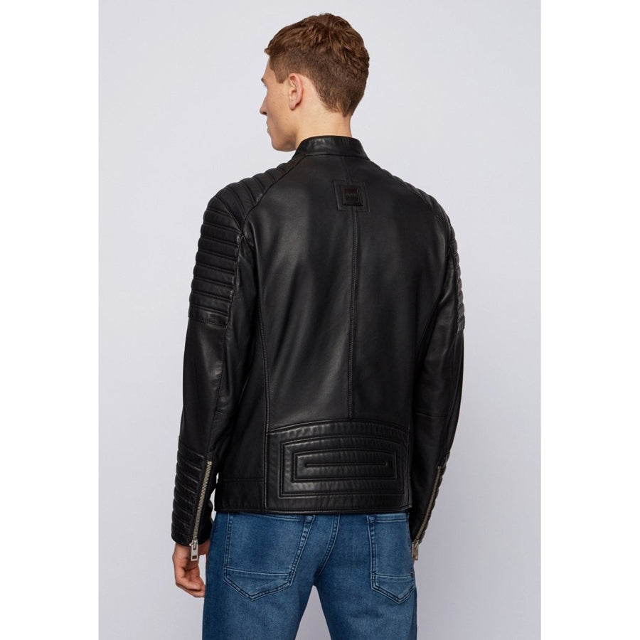 Mens Black Leather Crew Neck Biker Jacket back